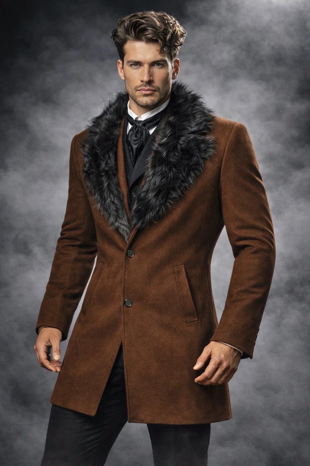 Men's Black Wool Coat With Faux Fur Collar, Winter Long Overcoat