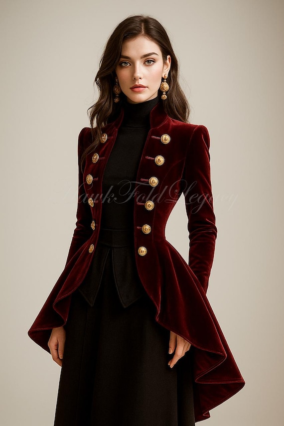 Women's Victorian Steampunk Velvet Tailcoat Jacket , Vintage Gothic Red Military Cosplay Frock Coat Outerwear