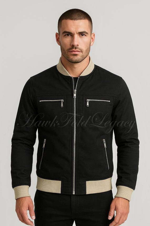 Men’s Black Bomber Jacket | Casual Cotton Slim Fit Streetwear Zip-Up Jacket | Spring & Fall Outerwear | Gift for Him