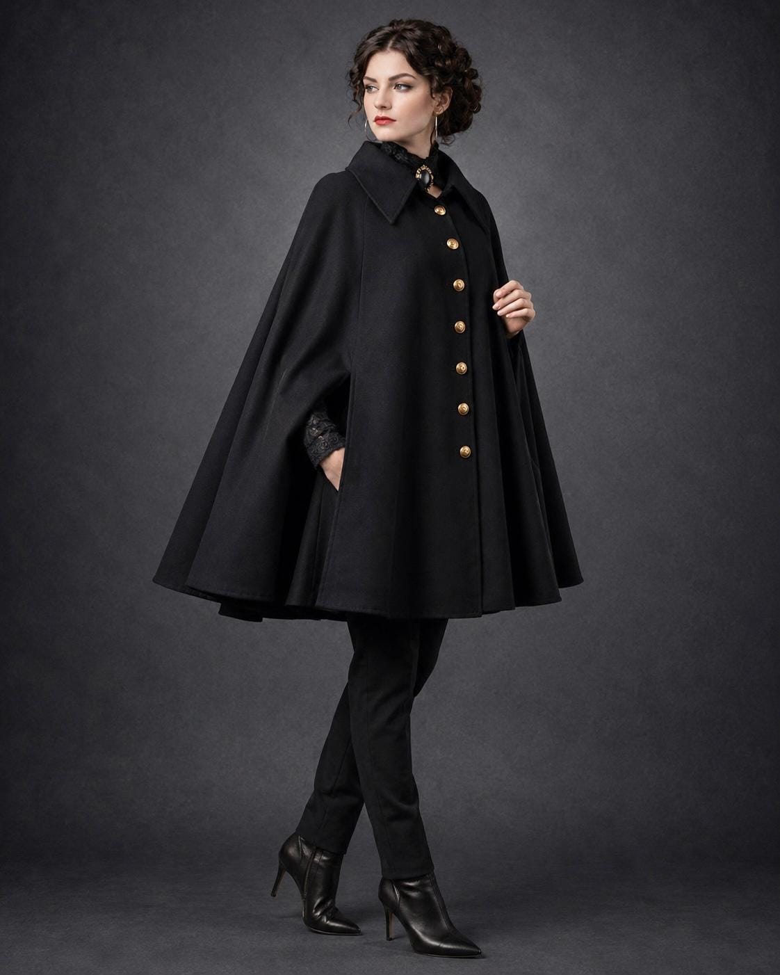 Women's Victorian Gothic Wool Cloak Cape, Vintage Steampunk