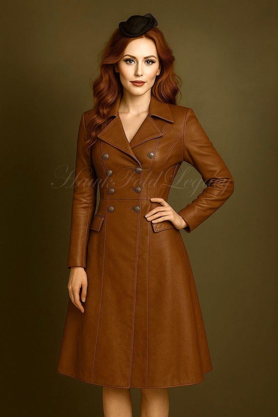 Women’s Brown Leather Trench Coat, Vintage Double Breasted Winter Retro A-Line Long Overcoat Jacket