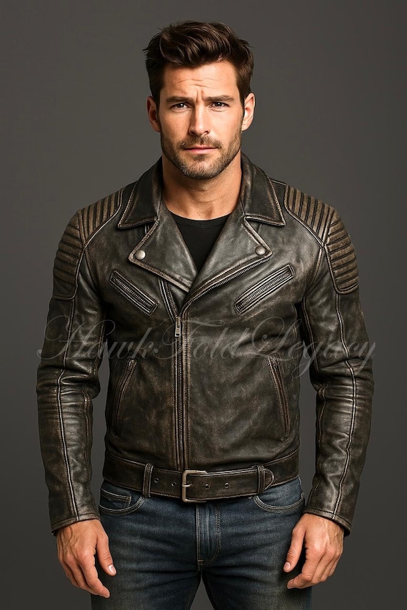 Men’s Distressed Leather Biker Moto Jacket, Vintage Motorcycle Cafe Racer Bomber Quilted Shoulder Coat