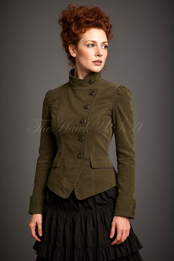 Women’s Military Victorian Steampunk Gothic Jacket Coat, Vintage Green High Collar Fall Fashion Outerwear