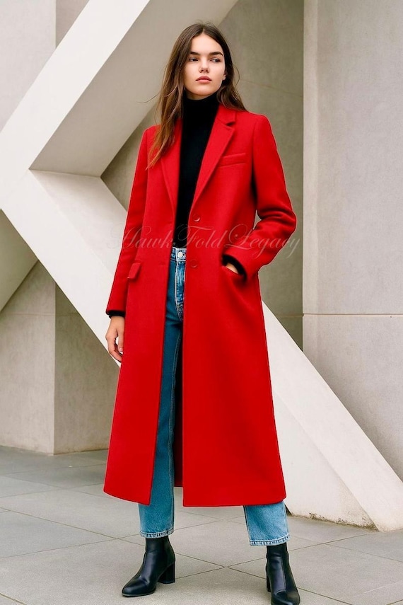 Women's Red Wool Long Winter Princess Coat, Handmade 100% Wool, Street/Outerwear