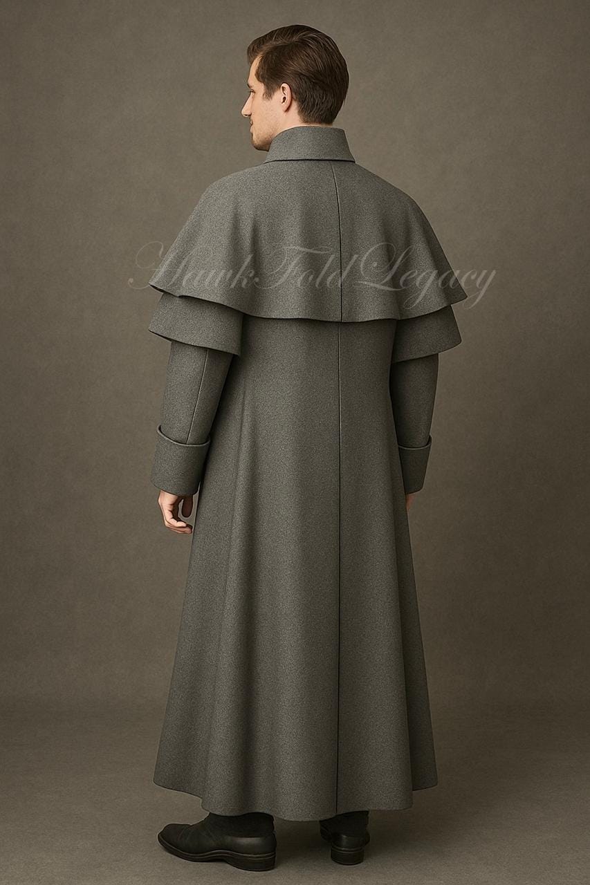 Men's Victorian Inverness Wool Cape Coat, Gothic Steampunk