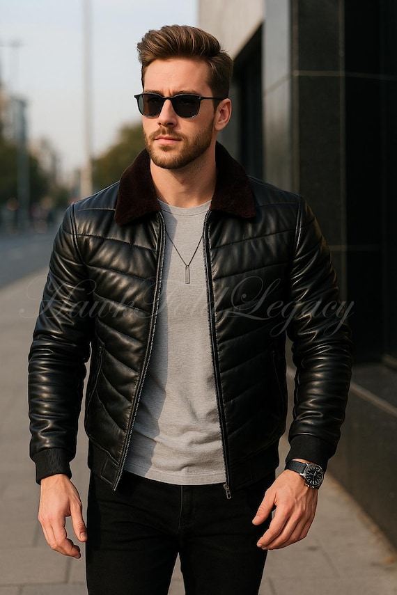 Men's Black Leather Puffer Jacket with Fur Collar, Winter Biker Moto Casual Outerwear/Streetwear