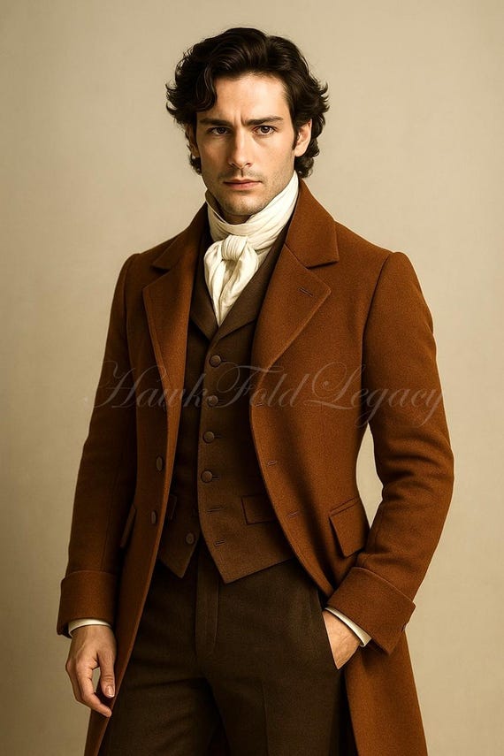 Men’s Victorian Brown Wool Regency Tailcoat, Vintage Gothic Steampunk Style, Historical Fashion Wedding Overcoat