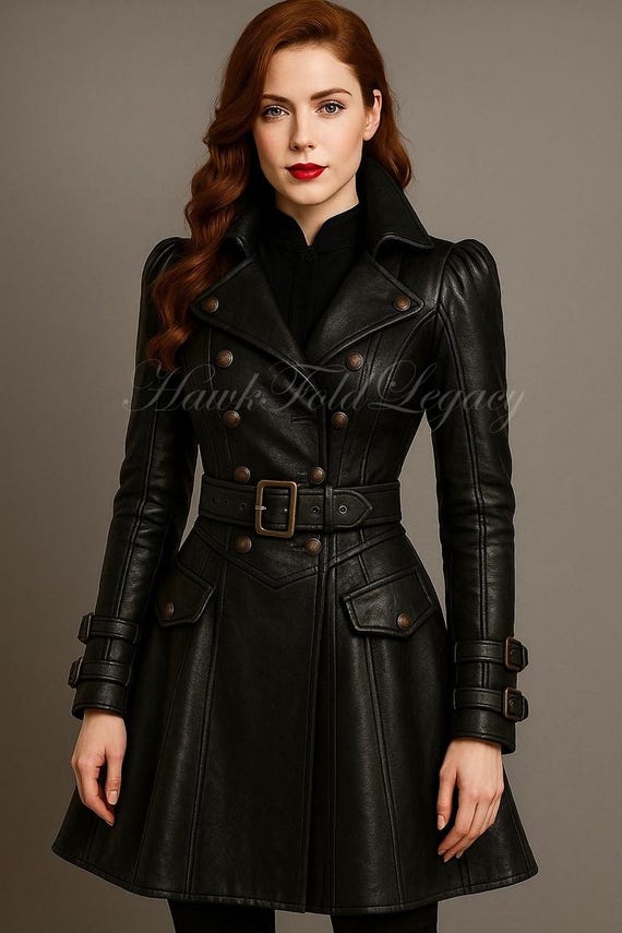 Women’s Gothic Steampunk Military Style Black Leather Trench Coat, Vintage Punk Rock Long Overcoat