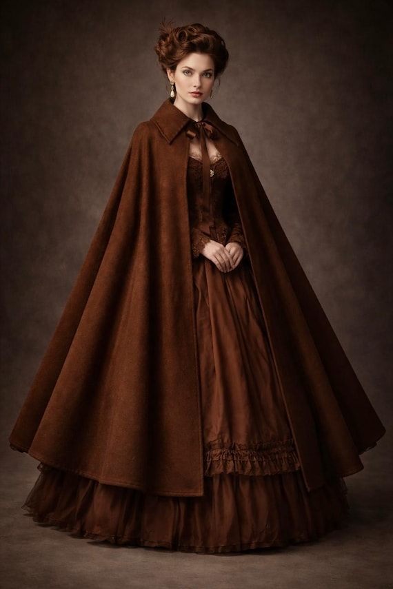 Women's Brown Wool Cloak Cape Coat, Vintage Victorian Steampunk