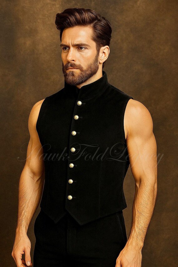 Men’s Victorian Steampunk Black Velvet Waistcoat Vest, Sleeveless Nehru Jacket, Vintage Gothic Style