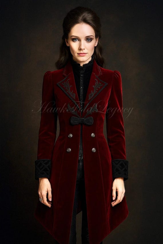 Women's Gothic Victorian Steampunk Red Velvet Tailcoat,  Embroidered Cosplay Tail Long Jacket For Her