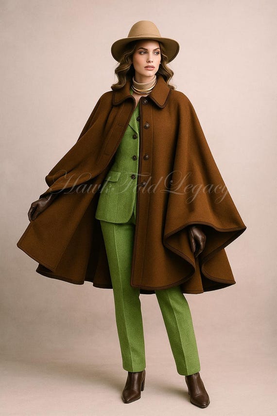 Women’s Brown Wool Cape Coat, Vintage Victorian Steampunk Gothic Winter Poncho Renaissance Cloak Overcoat