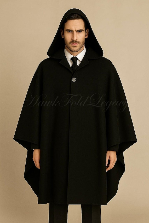 Men’s Black Wool Hooded Cape Coat, Gothic Cloak Overcoat, Vintage Steampunk Halloween Cosplay