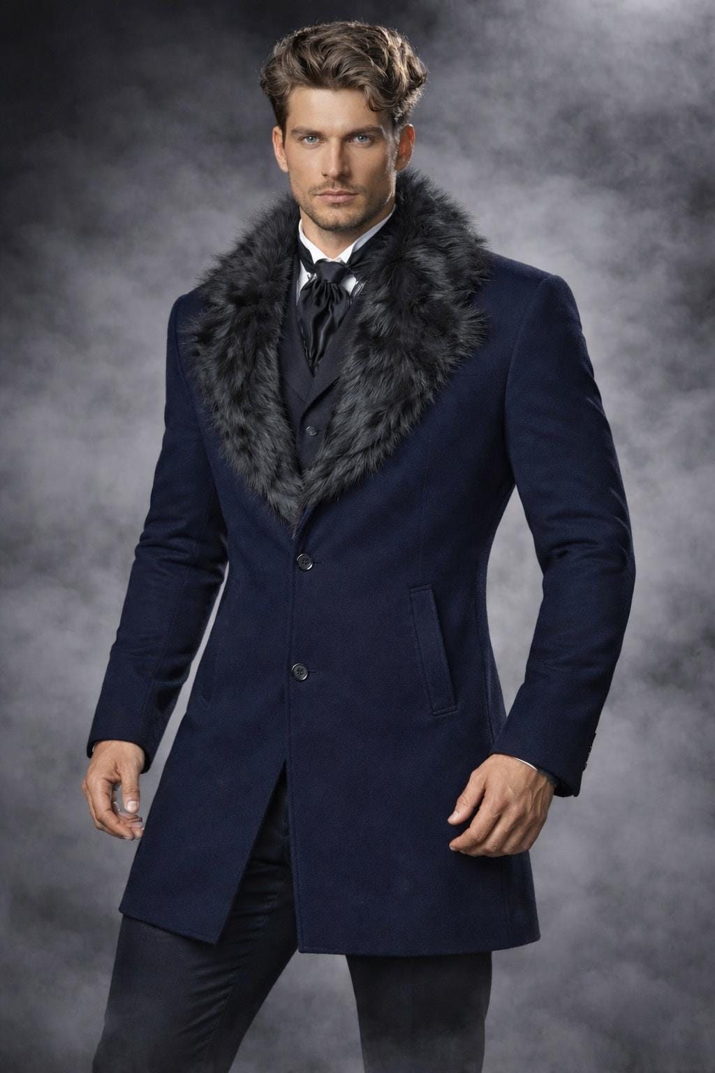 Men's Black Wool Coat With Faux Fur Collar, Winter Long Overcoat