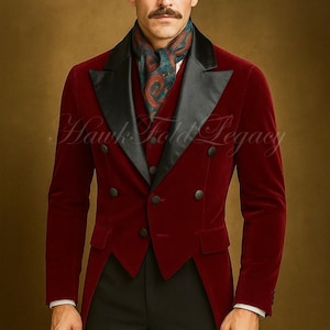 May include: A burgundy velvet tailcoat with black satin lapels and buttons. The coat is paired with a paisley scarf and a vest. The text "Hawk Fold Legacy" is printed on the coat.