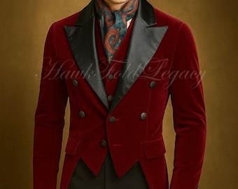 Men’s Burgundy Velvet Victorian Tailcoat, Vintage Steampunk Frock Coat, Gothic Tuxedo Jacket, Wedding Cosplay