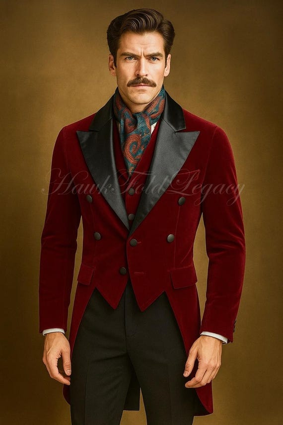 Men’s Burgundy Velvet Victorian Tailcoat, Vintage Steampunk Frock Coat, Gothic Tuxedo Jacket, Wedding Cosplay