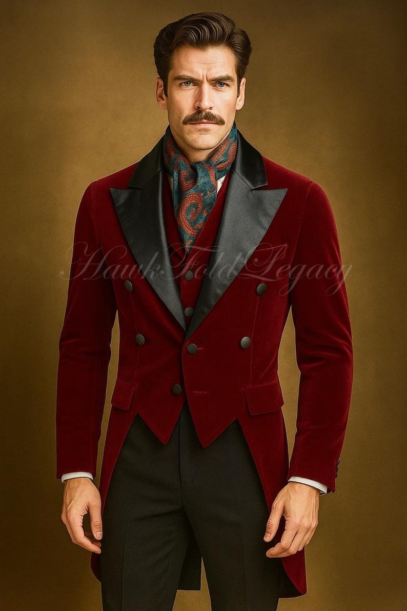 May include: A burgundy velvet tailcoat with black satin lapels and buttons. The coat is paired with a paisley scarf and a vest. The text "Hawk Fold Legacy" is printed on the coat.