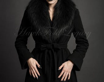 Women’s Gothic Black Wool Coat with Faux Fur Collar, Victorian Steampunk  Winter Witch Overcoat
