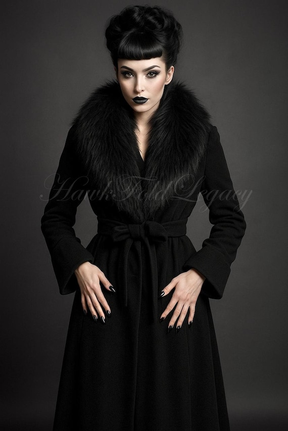 Women’s Gothic Black Wool Coat with Faux Fur Collar, Victorian Steampunk  Winter Witch Overcoat