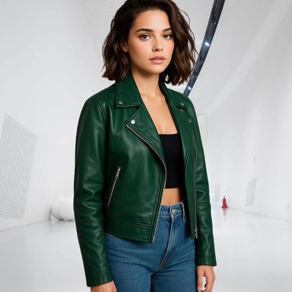 Green Biker Moto Leather Jacket For Women, Cropped Fall Fashion Jacket
