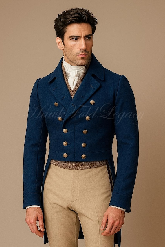 Men’s Victorian Blue Wool Regency Tailcoat Long Jacket, Vintage Gothic Steampunk Gentleman Frock Coat