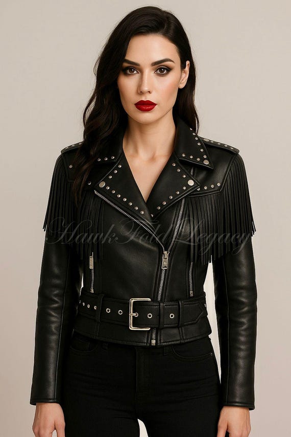 Black Leather Biker Moto Fringe Jacket for Women, Handmade Moto Slim Fit Motorcycle coat