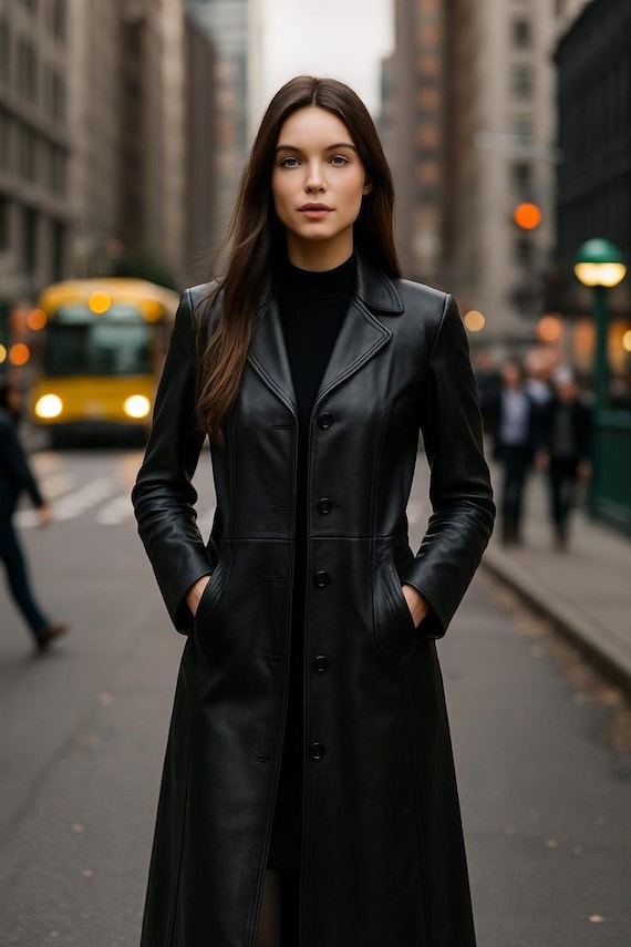 Genuine Sheepskin Leather Trench Coat: Women's Mid-Calf Black Overcoat