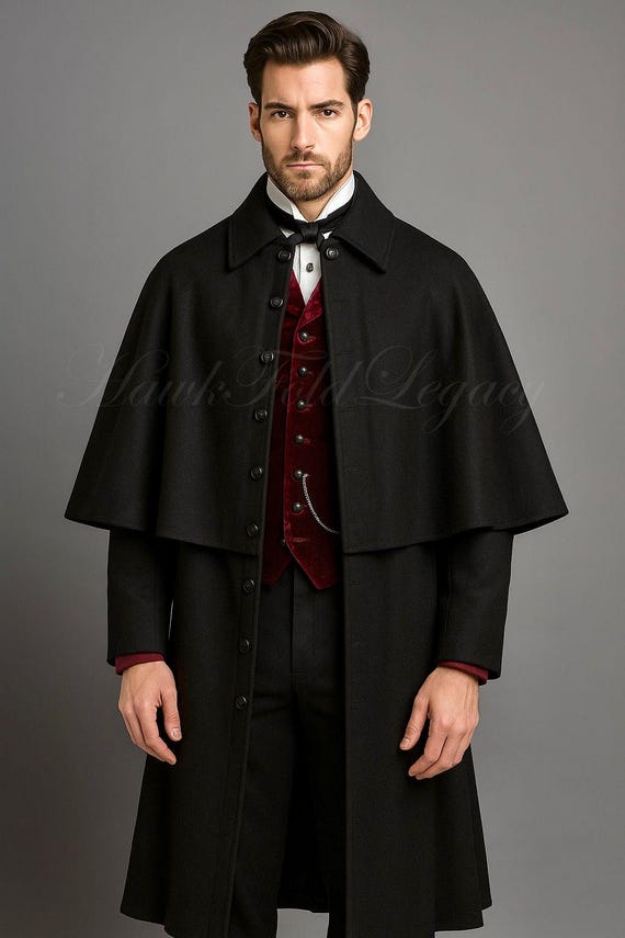Men’s Victorian Black Wool Cape Coat, Gothic Cloak Overcoat, Vintage Steampunk Halloween Cosplay