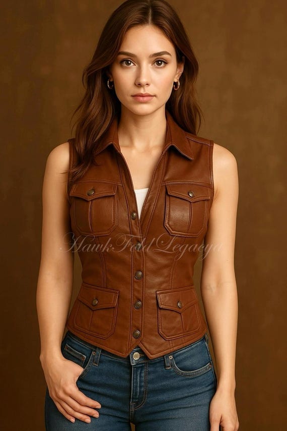 Brown Leather Cowgirl Vest: Vintage Western Biker Style