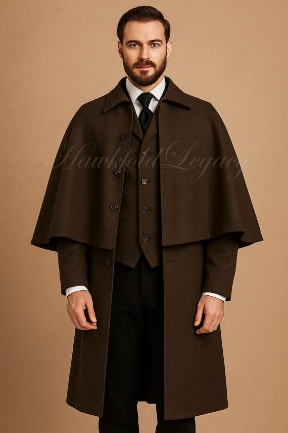 Men’s Victorian Brown Wool Inverness Cape Coat, Vintage Steampunk Trench Overcoat, Edwardian Steampunk Cloak