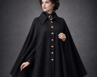 Women's Victorian Gothic Wool Cloak Cape, Vintage Steampunk Medieval Winter Poncho Renaissance Overcoat, Fantasy Costume