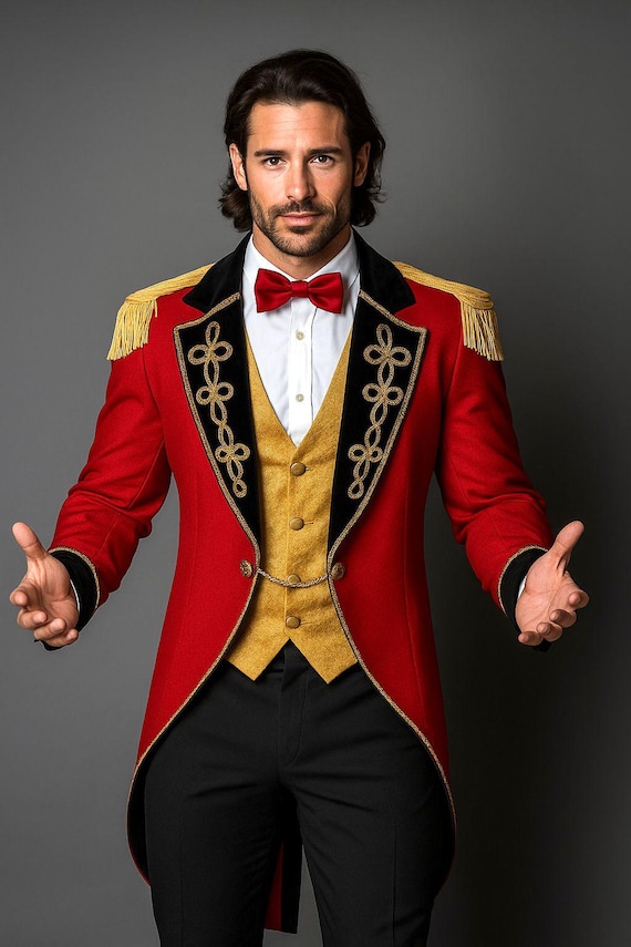 Men's Red Wool Ringmaster Jacket, Vintage Victorian Regency Tailcoat,  Halloween & Cosplay Costume Outfit