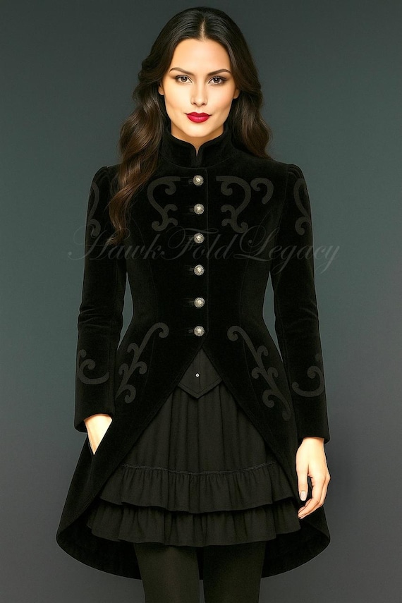 Women's Gothic Victorian Black Velvet Tailcoat , Steampunk Military Embroidered Cosplay Tail Long Jacket