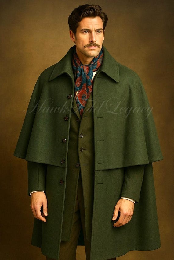 Men's Victorian Green Wool Inverness Cape Coat, Winter Gentleman Long Trench, Edwardian Steampunk Cloak