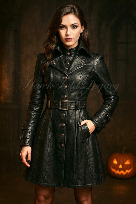 Women’s Gothic Steampunk Military Black Leather Trench Coat, Vintage Punk Rock Jacket, Halloween Cosplay