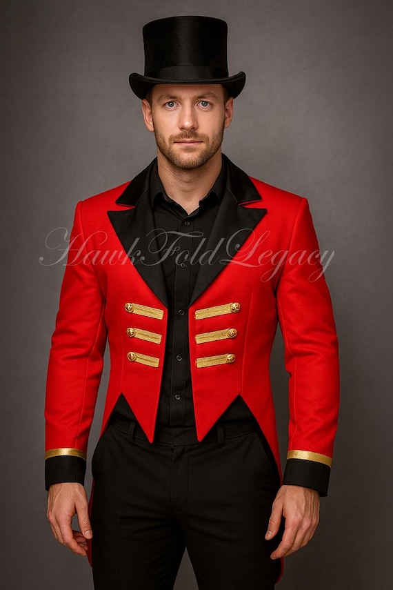 Men's Red Wool Ringmaster Circus Showman Tailcoat Jacket, Regency Tail Coat, Halloween & Cosplay Costume