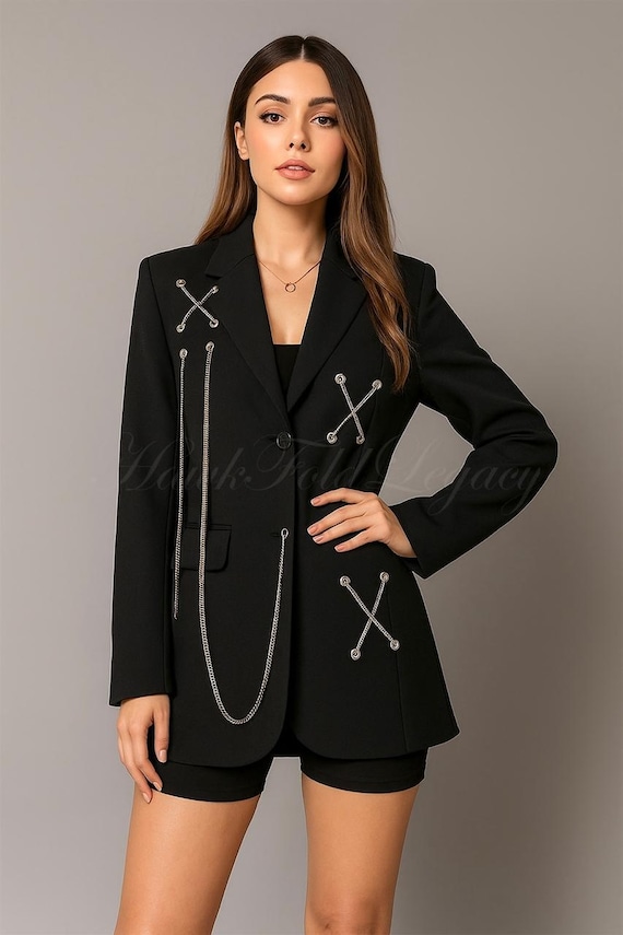 Women’s Gothic Victorian Steampunk Jacket Coat with Chain Details, Dark Academia Fashion Witchy Blazer