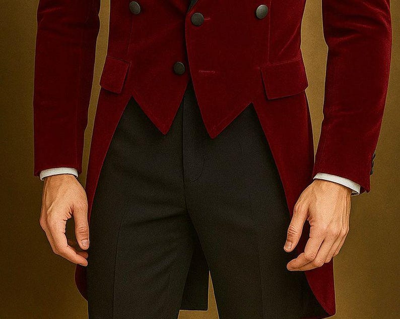 May include: A burgundy velvet tailcoat with black buttons and a notched lapel. The coat has a long, split tail and is paired with black trousers. The sleeves are finished with white cuffs.