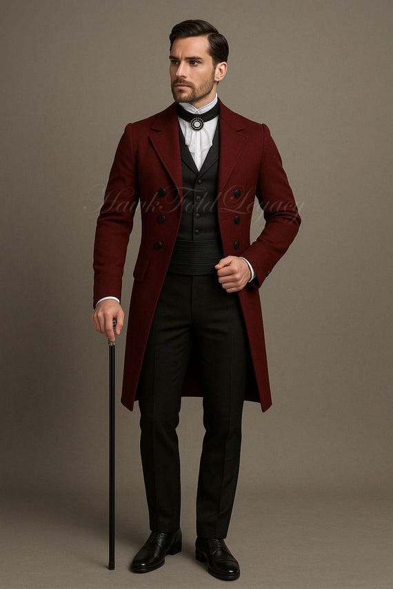 Men’s Victorian Burgundy Wool Regency Tailcoat, Vintage Gothic Steampunk Edwardian Cosplay Long Gentleman Overcoat