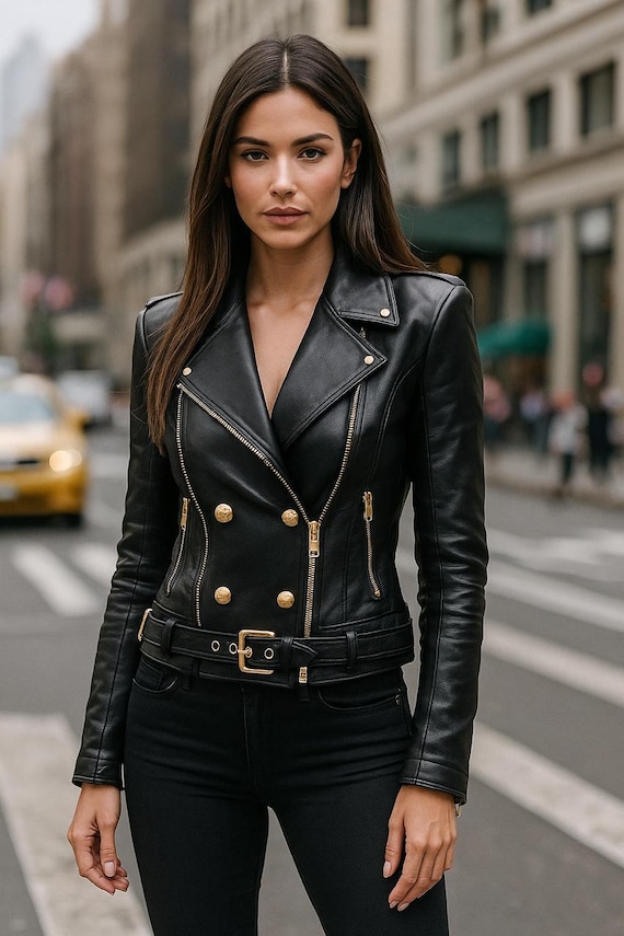 Women’s Black Leather Biker Moto Jacket Coat, Real Sheepskin Motorcycle Slim Fit Outerwear