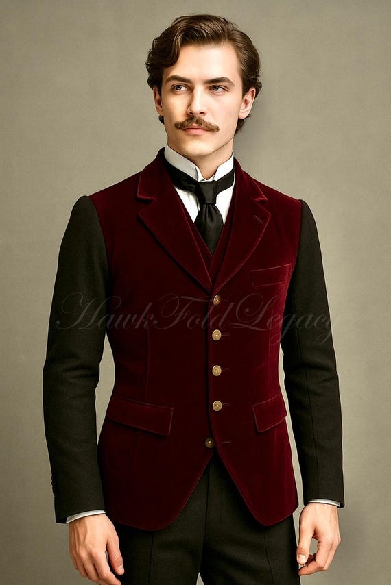 Men’s Victorian Maroon Velvet Vest, Steampunk Gothic Formal Tuxedo Vintage Burgundy Waistcoat For Him