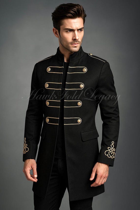 Men’s Black Military Gothic Steampunk Victorian Long Regency Tailcoat Jacket, Vintage Marching Band Cosplay