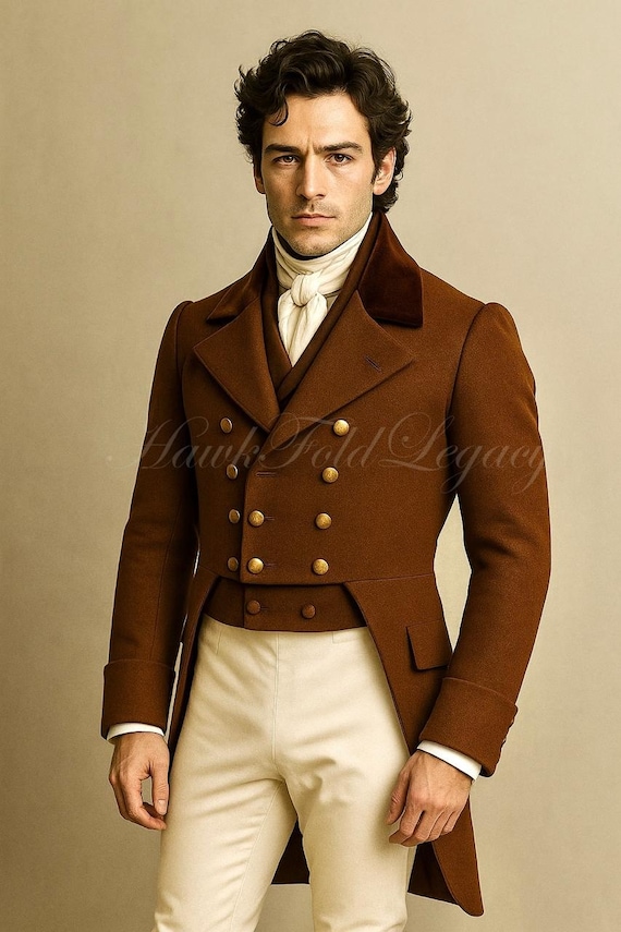 Men’s Victorian Brown Wool Regency Tailcoat, Vintage Gothic Style Steampunk Frock Coat, Historical Overcoat