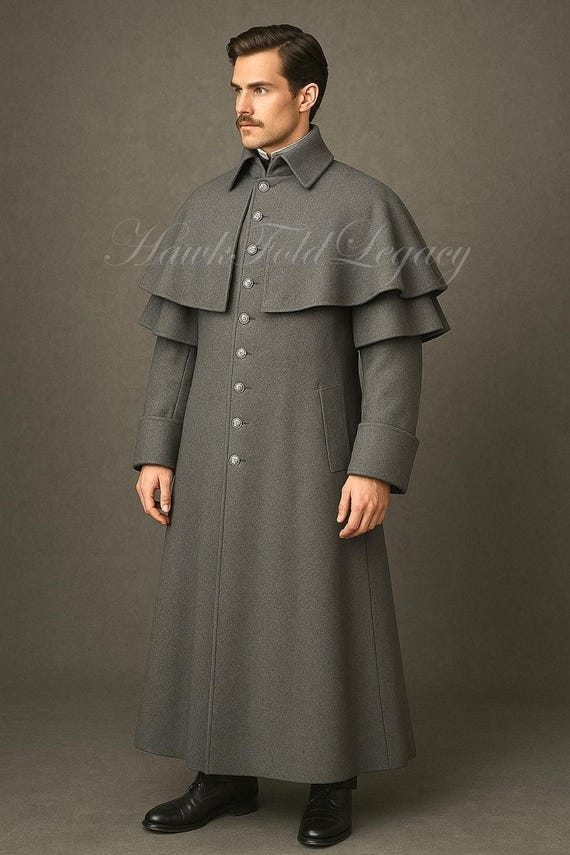 Men’s Victorian Inverness Wool Cape Coat, Gothic Steampunk Sherlock Holmes Cloak Long Trench Overcoat