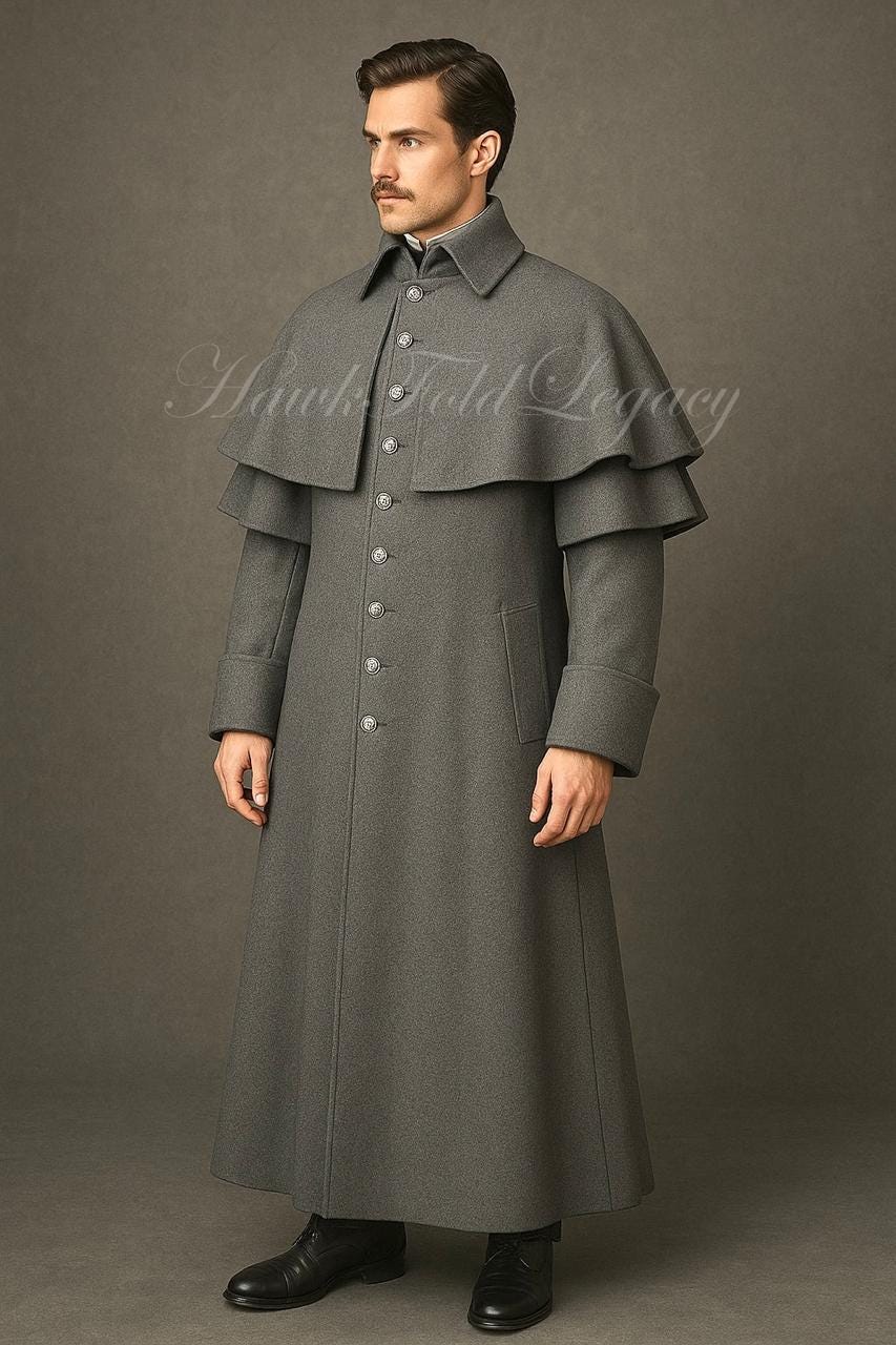 Men's Victorian Inverness Wool Cape Coat, Gothic Steampunk