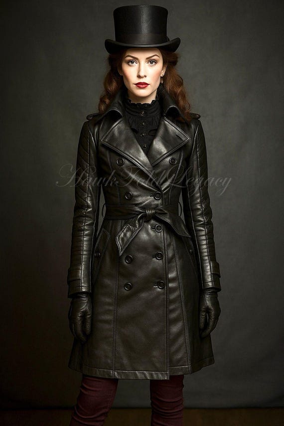 Women's Black Gothic Steampunk Leather Trench Coat, Vintage Victorian Vampire Cosplay Costume For Her