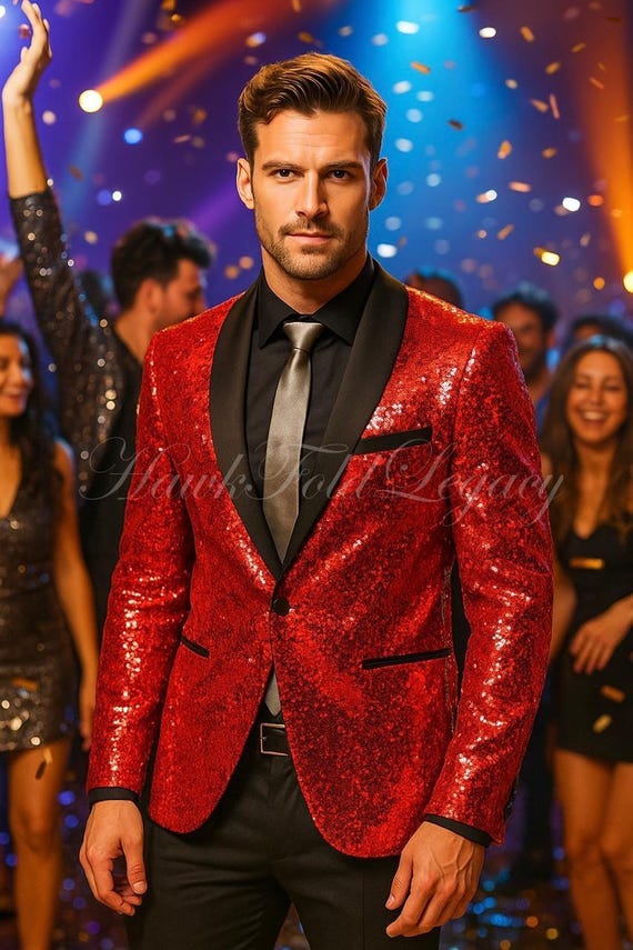 Men’s Sequin Tuxedo Blazer Coat, Shiny Sparkly Slim Fit Jacket Wedding, Prom Party