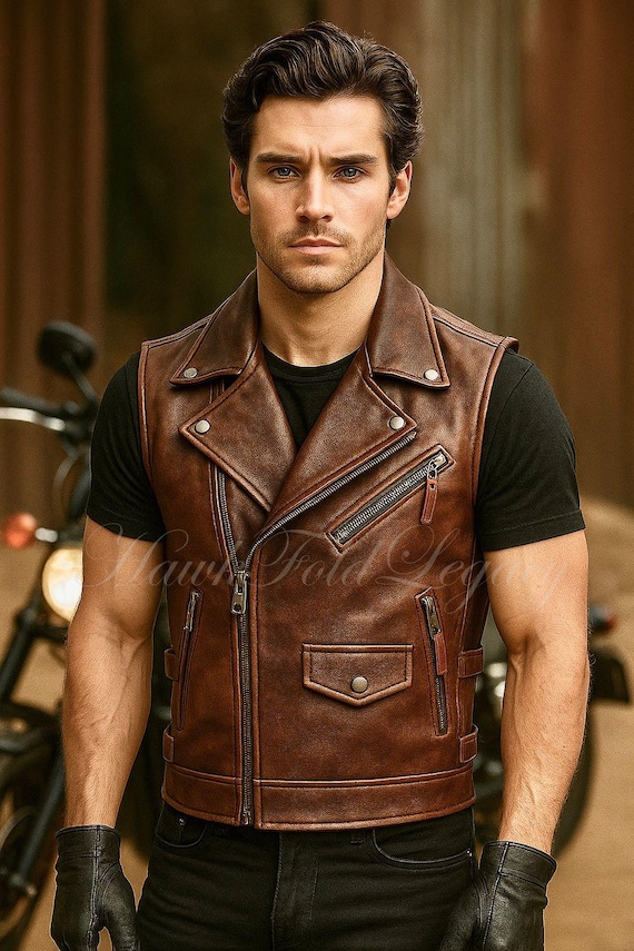 Men's Brown Leather Biker Moto Vest, Handmade Sleeveless Motorcycle Jacket Clubwear