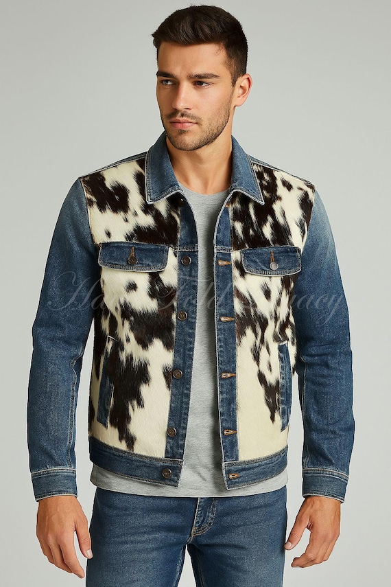 Men's Cowhide Denim Jean Jacket Pony Hair, Handmade Western Vintage Rodeo Cowboy Streetwear